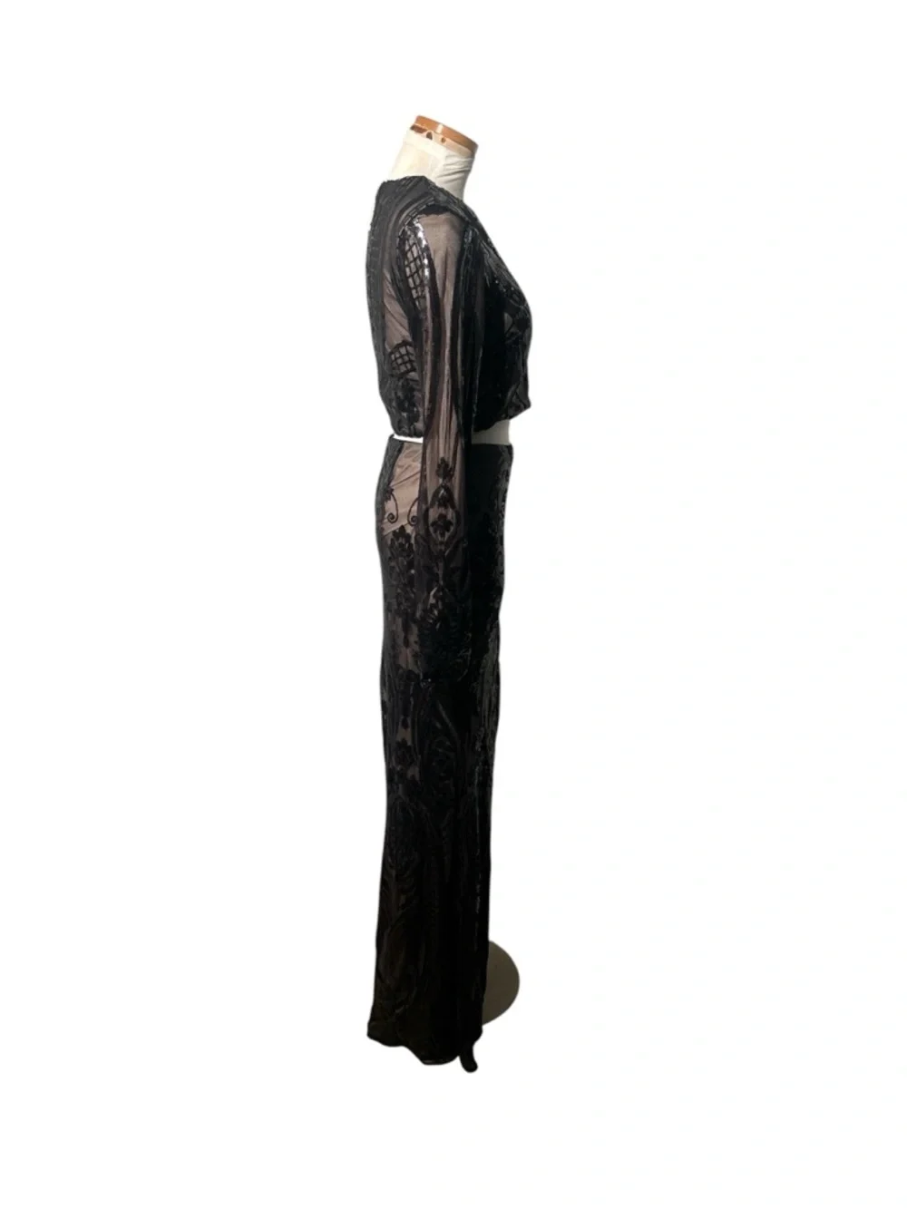 Lulu's Black Lace Sheer Embroidered Two-Piece Gown with Side Slit Size Small NEW - Picture 4 of 10